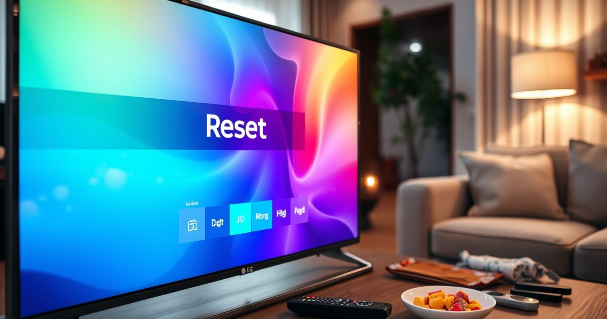 A close-up of a sleek LG Smart TV displaying a vibrant, animated reset menu on the screen, surrounded by a cozy living room setting with soft lighting, a comfortable sofa, and a coffee table cluttered with remote controls and snacks, evoking a sense of ease and modern technology in a home environment.