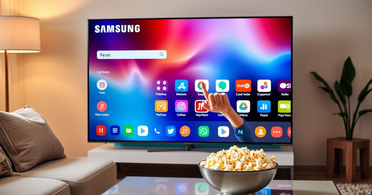 A sleek Samsung Smart TV displaying a vibrant home screen filled with colorful app icons, a hand gently touching the reset button, surrounded by a cozy living room with soft lighting, a plush sofa, and a bowl of popcorn on a modern coffee table, conveying a sense of ease and tech-savvy simplicity.