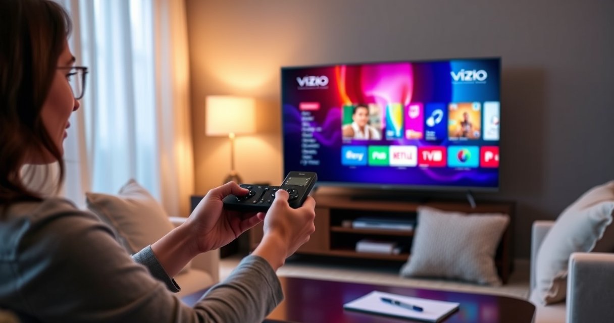 A cozy living room with a sleek Vizio Smart TV displaying a vibrant home screen, a user holding a remote with a focused expression, soft ambient lighting, a comfy couch adorned with fluffy pillows, and a coffee table with a notepad and pen, conveying a sense of helpfulness and ease in troubleshooting technology.
