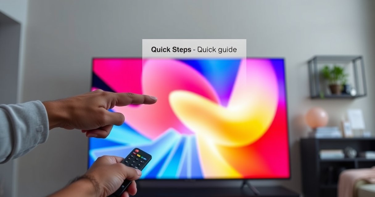 A sleek Vizio Smart TV displayed in a modern living room, glowing with vibrant colors on the screen, surrounded by remote controls and a cozy couch. A hand reaches towards the TV, poised to press the power button, while a subtle hint of a digital guide floats above, suggesting quick fix steps in a friendly, informative style.