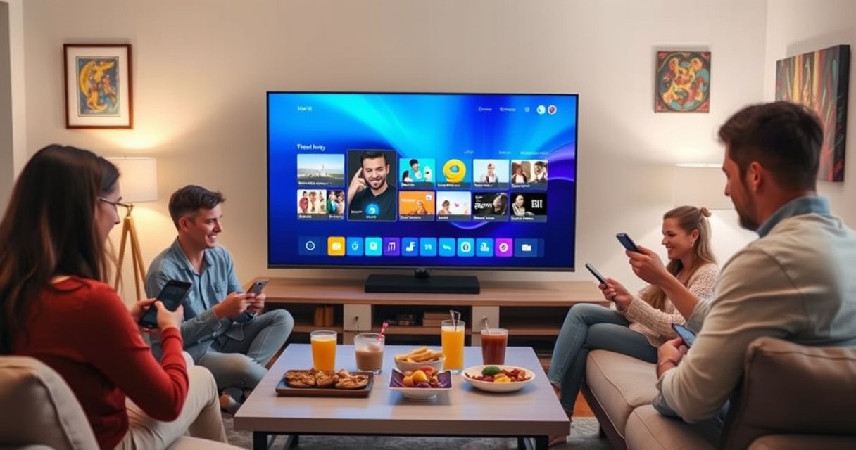 A cozy living room with a sleek smart TV displaying a vibrant screen mirroring interface, surrounded by a family happily interacting with their devices. Soft lighting creates a warm atmosphere, while a coffee table holds snacks and drinks, illustrating a fun, tech-savvy gathering. The walls are adorned with colorful art, enhancing the inviting ambiance.