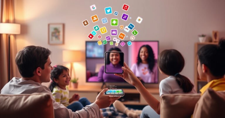 A vibrant living room scene showcasing a family happily gathered around a sleek Vizio Smart TV, displaying a mirrored smartphone screen. Colorful digital icons float above the phone, symbolizing apps and connectivity. Soft, warm lighting illuminates the room, with cozy furniture and playful decorations, creating a welcoming atmosphere for tech exploration and family bonding.