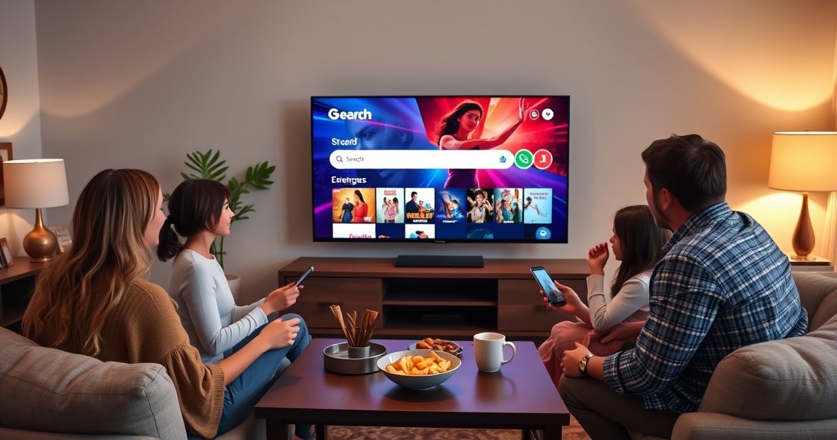 A cozy living room featuring a modern smart TV displaying a vibrant search interface, surrounded by family members eagerly engaging with the screen. Soft ambient lighting creates a warm atmosphere, with a coffee table holding snacks and devices. The scene captures the excitement of discovering content together, blending technology and family bonding in a stylish setting.