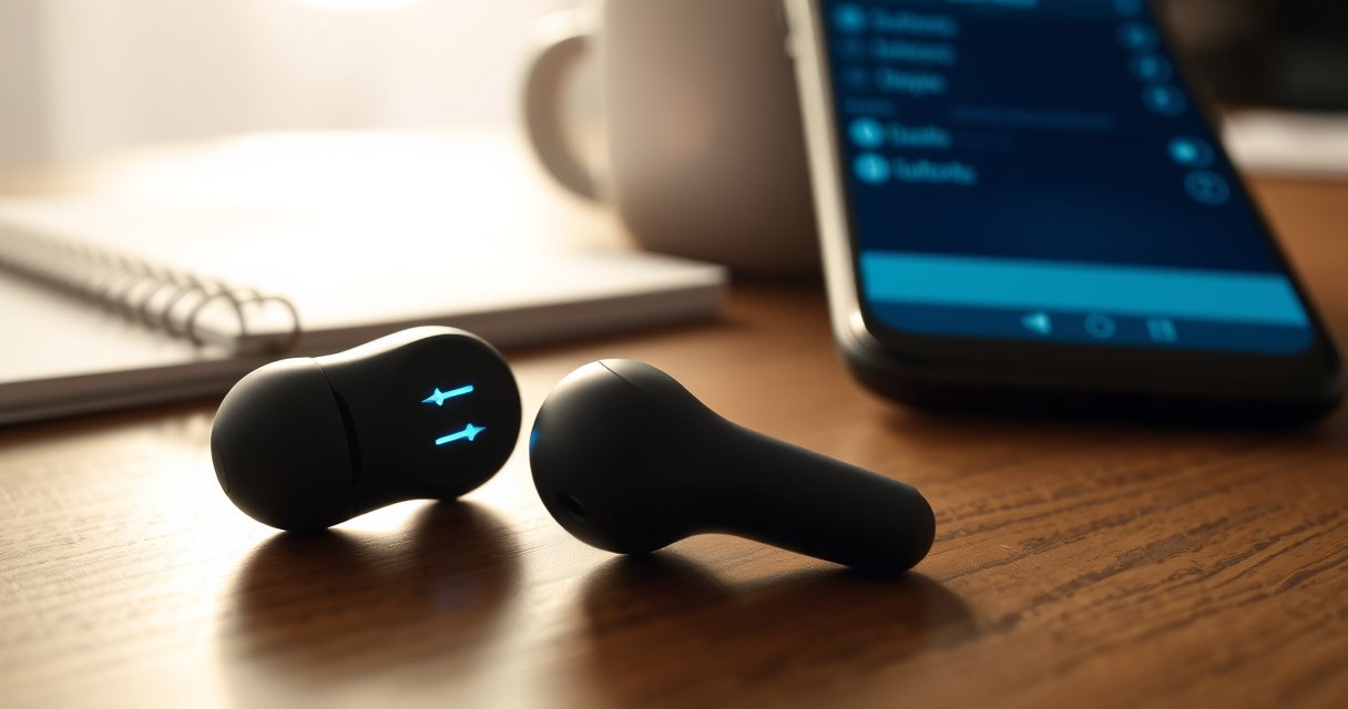 A close-up of sleek wireless earbuds resting on a wooden table, illuminated by soft natural light. The earbuds are partially open, revealing glowing LED indicators, and a smartphone screen in the background displaying a Bluetooth settings menu. Surrounding them are scattered notes and a steaming cup of coffee, creating a cozy tech environment.