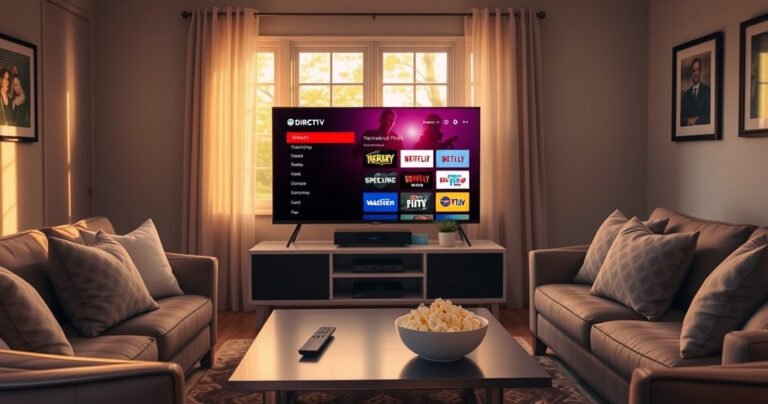 A cozy living room with a modern smart TV displaying the DIRECTV Stream interface, surrounded by soft cushions and a sleek coffee table. Warm light filters through a window, illuminating a remote control and popcorn bowl, evoking a welcoming atmosphere for family movie nights. The walls are adorned with framed art, enhancing the inviting ambiance.