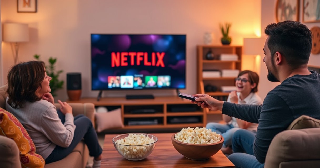 A cozy living room scene featuring a sleek smart TV displaying the Netflix logo, surrounded by a comfortable sofa with colorful cushions, a bowl of popcorn on a wooden coffee table, warm ambient lighting creating a welcoming atmosphere, and a person happily using a remote control, illustrating a vibrant family movie night.