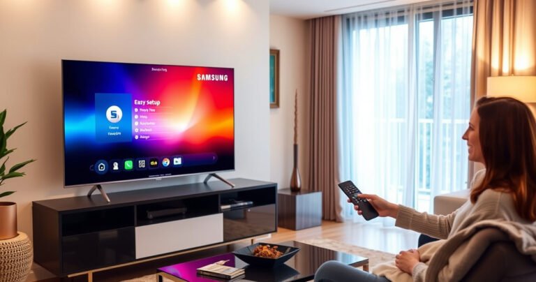 A sleek, modern living room with a Samsung Smart TV prominently displayed on a stylish entertainment unit. A vibrant, glowing interface on the screen shows easy setup steps. Nearby, a user happily interacts with a remote, surrounded by cozy furnishings and warm lighting, emphasizing a seamless technology experience in a welcoming home environment.