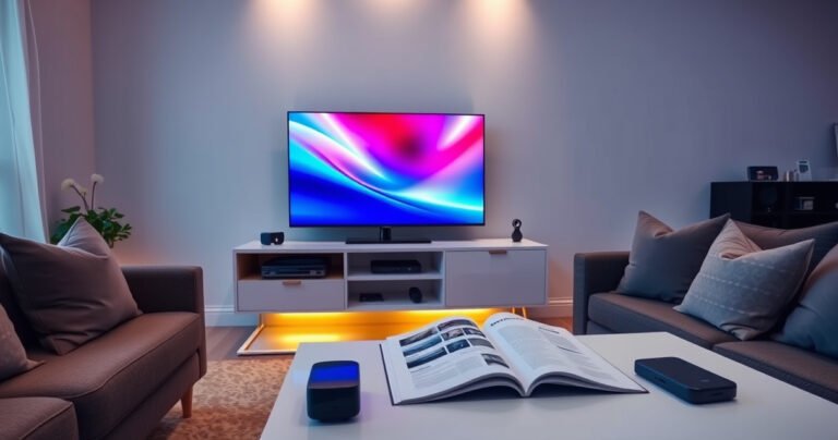 A sleek, modern living room featuring a Samsung Smart TV on a stylish media console, vibrant colors illuminating the screen, an open instruction manual beside it, cozy cushions on a sofa, warm ambient lighting, and a coffee table with tech gadgets, creating a welcoming atmosphere for a tech-savvy setup experience.