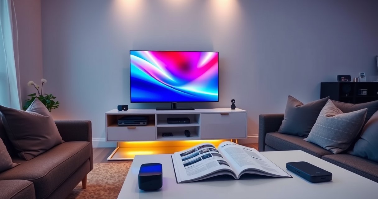 A sleek, modern living room featuring a Samsung Smart TV on a stylish media console, vibrant colors illuminating the screen, an open instruction manual beside it, cozy cushions on a sofa, warm ambient lighting, and a coffee table with tech gadgets, creating a welcoming atmosphere for a tech-savvy setup experience.