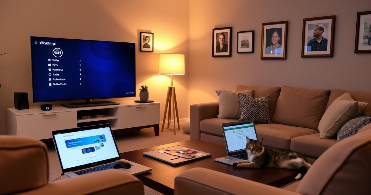 A cozy living room with a sleek smart TV displaying WiFi settings, surrounded by plush furniture, a warm glow from a nearby lamp, and a stylish coffee table with a laptop open to a tutorial. Framed family photos adorn the walls, and a cat lounges nearby, creating a welcoming tech-friendly atmosphere.
