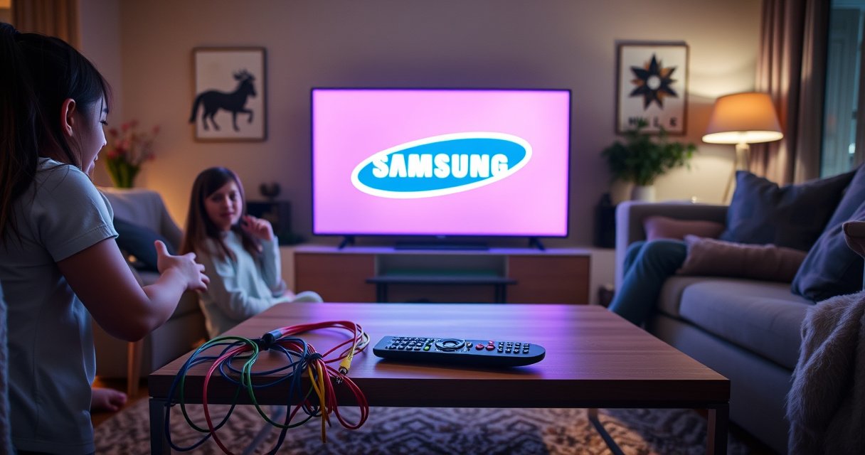 A sleek Samsung Smart TV glowing in a cozy living room, surrounded by a family eagerly unboxing the device. Colorful cables and a user-friendly remote lie on a stylish coffee table, while a vibrant screen displays the Samsung logo. Warm lighting creates an inviting atmosphere, hinting at a seamless tech experience ahead.