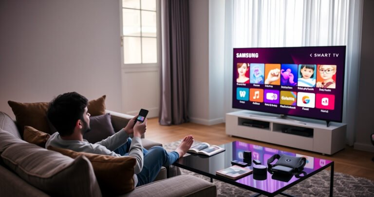 A sleek, modern Samsung Smart TV glowing in a stylish living room, showcasing vibrant app icons on the screen. A user is seated on a plush couch, intently interacting with a remote, while a coffee table holds guidebooks and tech gadgets. Soft ambient light filters through a window, creating a cozy, inviting atmosphere.