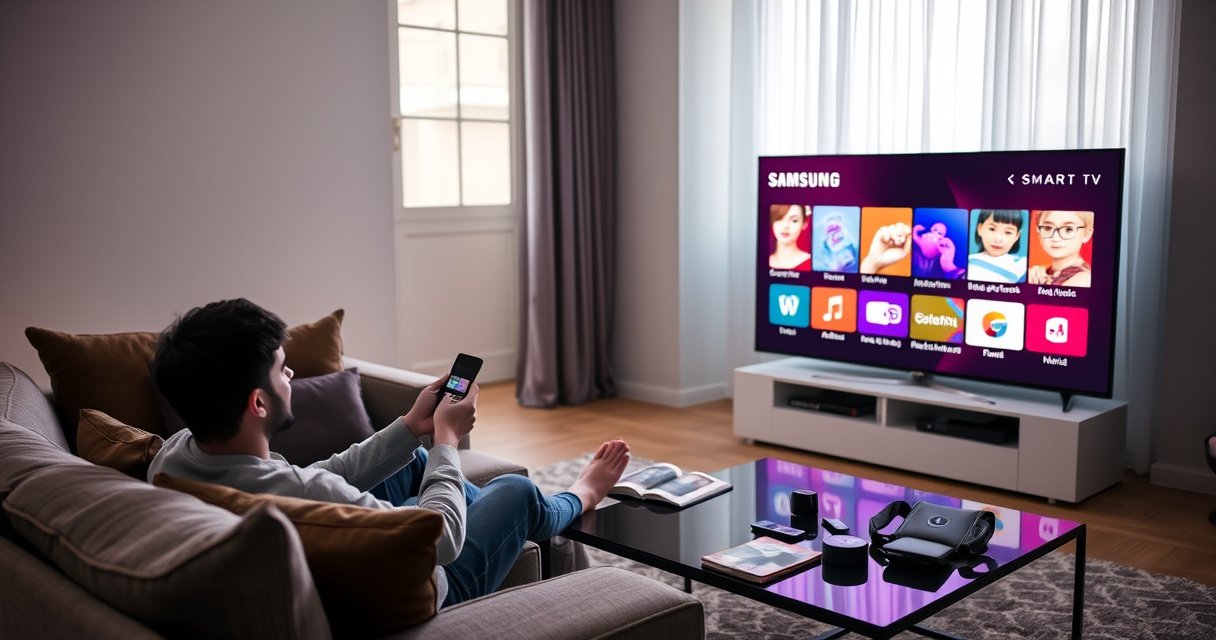 A sleek, modern Samsung Smart TV glowing in a stylish living room, showcasing vibrant app icons on the screen. A user is seated on a plush couch, intently interacting with a remote, while a coffee table holds guidebooks and tech gadgets. Soft ambient light filters through a window, creating a cozy, inviting atmosphere.
