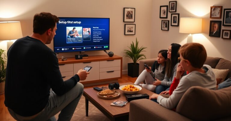 A cozy living room with a sleek smart TV displaying a colorful setup screen. A family gathers around, excitedly interacting with the remote. Soft lighting highlights a coffee table filled with snacks and tech gadgets, while a wall adorned with framed photos adds a personal touch, creating a warm and inviting atmosphere for a tech-savvy family moment.