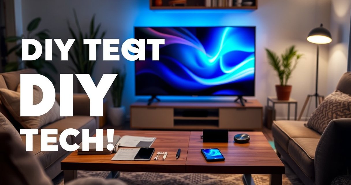 A cozy living room featuring a sleek smart TV powered by a vibrant digital display, surrounded by a coffee table with user-friendly setup guides, tools, and a smartphone. Soft lighting illuminates the space, with a comfortable couch and decorative plants in the background, conveying a warm, inviting atmosphere perfect for a DIY tech project.