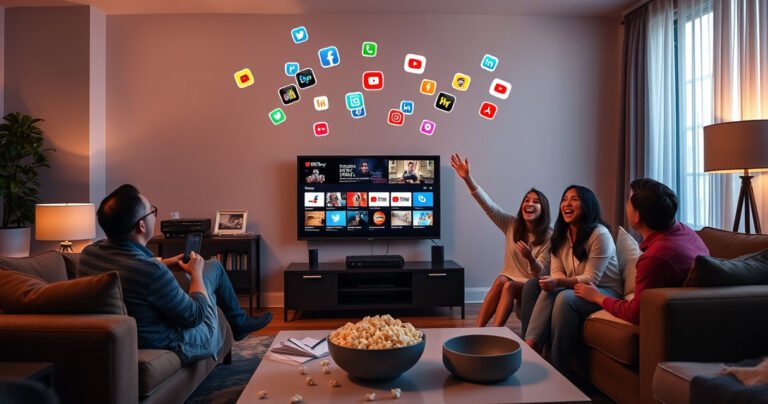 A cozy living room featuring a sleek smart TV displaying the YouTube TV interface, surrounded by comfortable furniture, a bowl of popcorn on a stylish coffee table, warm ambient lighting, and a family gathered excitedly, with colorful streaming icons floating above, illustrating the ease and joy of setting up YouTube TV together.