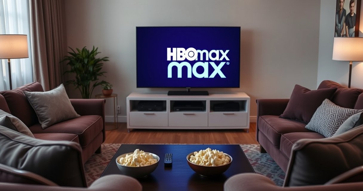 A cozy living room scene with a sleek smart TV displaying the HBO Max logo, surrounded by plush sofas and soft lighting. A remote control rests on a coffee table, with a bowl of popcorn nearby, inviting viewers to unwind while exploring the article on signing out of the streaming service.