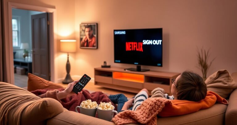 A cozy living room with a Samsung Smart TV displaying the Netflix logo, a person lounging on a plush couch, remote in hand, surrounded by popcorn and a warm blanket, soft lighting creating a welcoming atmosphere, a hint of playful frustration as they try to sign out, vibrant colors capturing the essence of home entertainment.