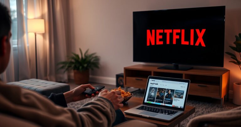 A cozy living room with a modern smart TV displaying the Netflix logo, a person using a remote control, surrounded by snacks and a warm blanket, soft ambient lighting creating a relaxed atmosphere, a coffee table with a laptop open to a help guide, a pop of color from a potted plant in the corner.