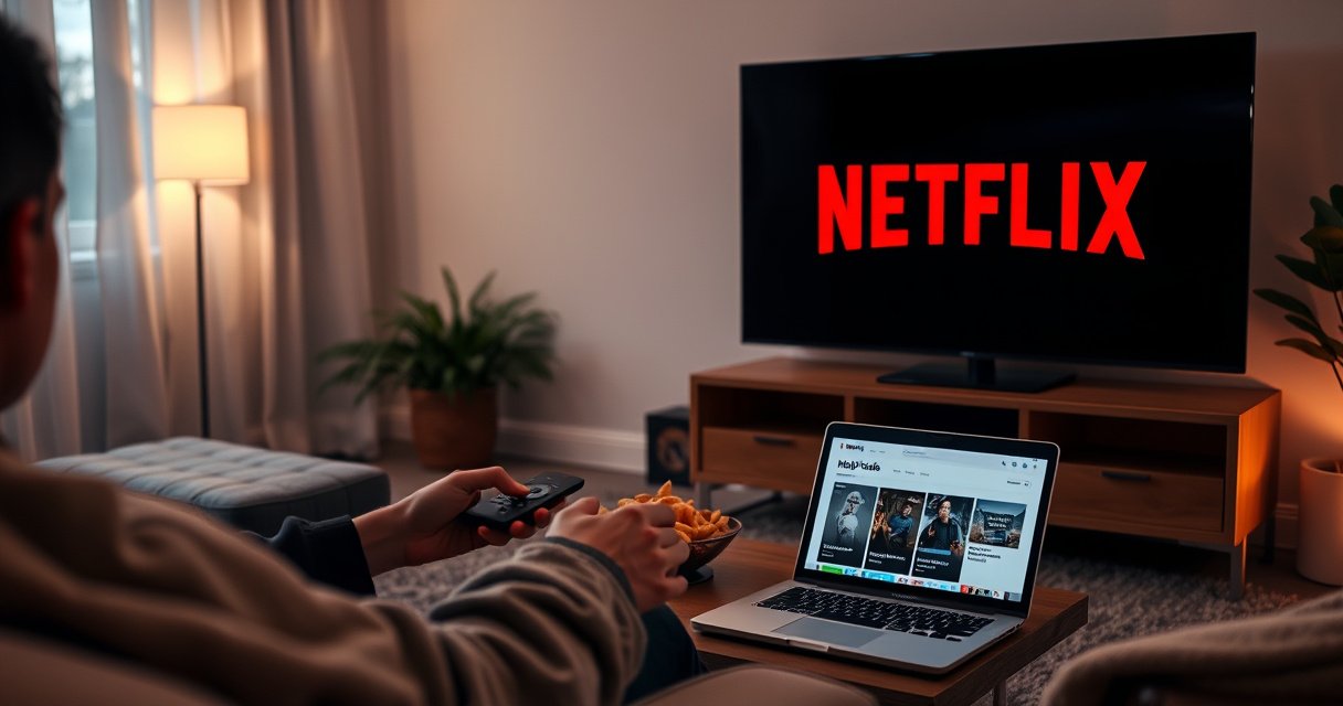 A cozy living room with a modern smart TV displaying the Netflix logo, a person using a remote control, surrounded by snacks and a warm blanket, soft ambient lighting creating a relaxed atmosphere, a coffee table with a laptop open to a help guide, a pop of color from a potted plant in the corner.