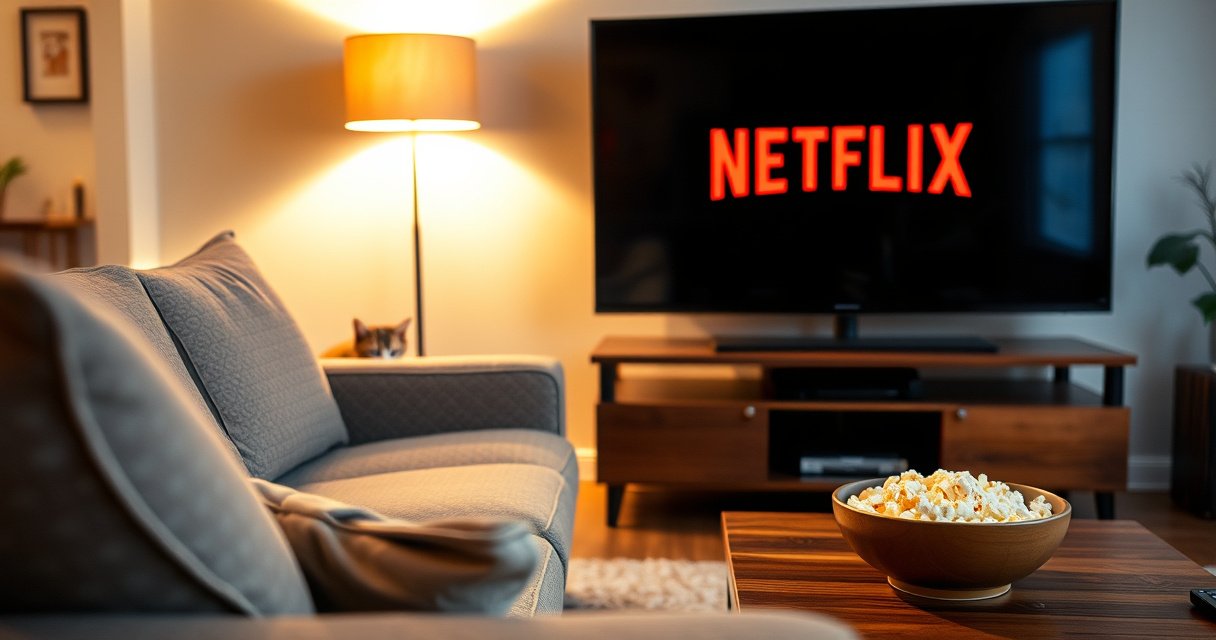 A cozy living room scene with a sleek smart TV displaying the Netflix logo, a remote resting on a soft, patterned couch, warm ambient lighting, a bowl of popcorn on a wooden coffee table, and a curious cat peeking around the corner, evoking a sense of comfort and leisure in a modern home.