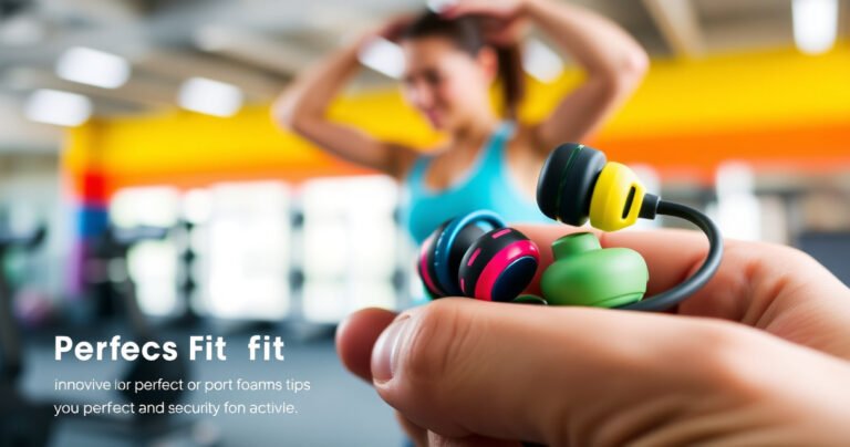 A close-up of colorful, ergonomic earbuds nestled in a hand, surrounded by soft foam tips and innovative grips. A vibrant, blurred background of a gym setting with a person actively exercising, showcasing dynamic movement. The scene conveys a sense of comfort and security, emphasizing the perfect fit and stylish design for active lifestyles.