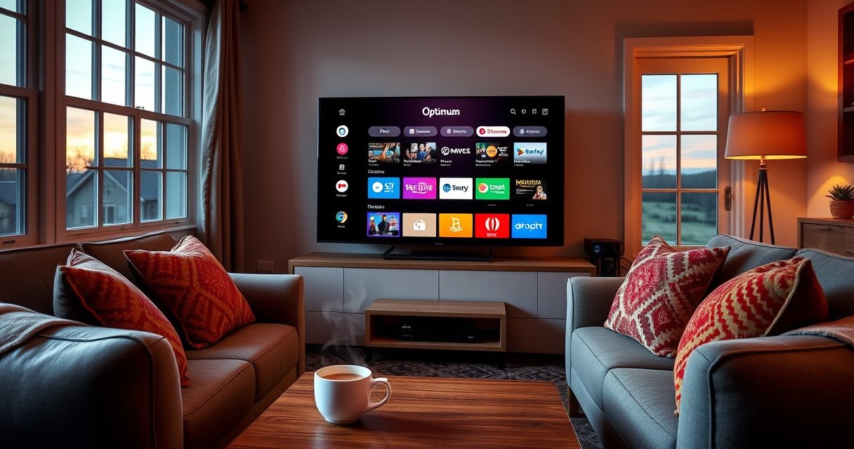 A cozy living room featuring a sleek Smart TV displaying the Optimum streaming interface, surrounded by a comfortable sofa with colorful throw pillows, a steaming cup of coffee on a wooden table, warm ambient lighting, and a window revealing a sunset sky, creating an inviting atmosphere for an engaging home entertainment experience.