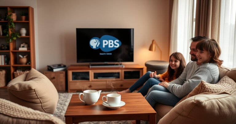 A cozy living room with a large smart TV displaying the PBS logo, surrounded by plush cushions and a steaming cup of tea on a wooden coffee table, soft evening light filtering through sheer curtains, a family eagerly gathered around, smiles on their faces, creating a warm, inviting atmosphere for streaming their favorite shows.