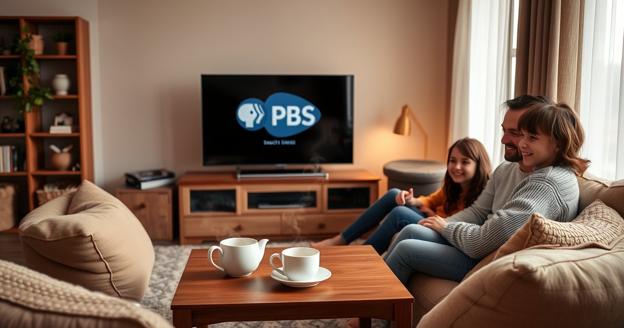 A cozy living room with a large smart TV displaying the PBS logo, surrounded by plush cushions and a steaming cup of tea on a wooden coffee table, soft evening light filtering through sheer curtains, a family eagerly gathered around, smiles on their faces, creating a warm, inviting atmosphere for streaming their favorite shows.