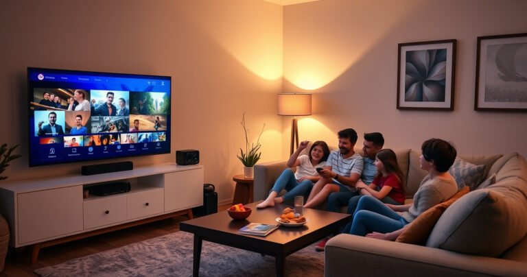 A cozy living room with a sleek smart TV displaying vibrant streaming content. A family gathered on a comfortable sofa, excitedly interacting with the remote. Soft lighting creates a warm atmosphere, while a coffee table holds snacks and drinks. Wall art reflects a modern aesthetic, blending technology and home comfort seamlessly.
