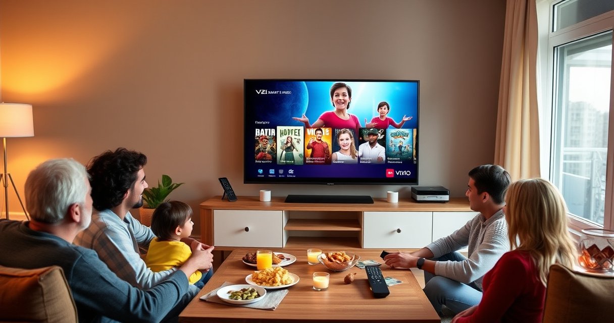 A cozy living room featuring a Vizio Smart TV displaying vibrant streaming content, with a family gathered around, snacks on the table, warm lighting creating an inviting atmosphere, and a remote control in hand, highlighting the joy of streaming together.