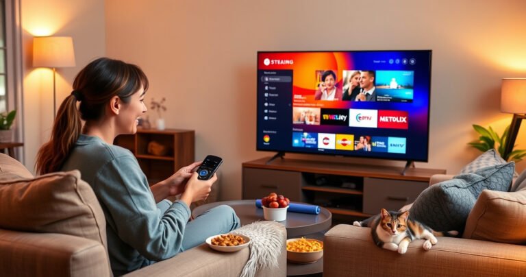 A cozy living room featuring a sleek smart TV displaying a vibrant streaming interface, surrounded by comfortable furniture. A person is happily adjusting settings on a remote, snacks on a side table, while a cat lounges nearby. Warm, inviting lighting enhances the scene, emphasizing the ease of a modern, tech-savvy entertainment experience.
