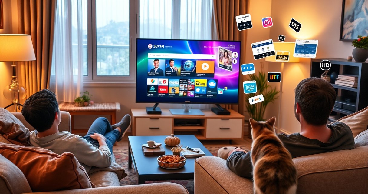 A cozy living room with a Samsung Smart TV displaying a vibrant web browser interface, a person lounging on a comfy couch, snacks on a coffee table, warm lighting creating a welcoming atmosphere, a cat curiously watching the screen, and colorful graphics of websites and apps floating around to illustrate the internet experience.