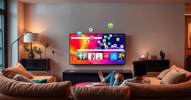 A modern living room with a sleek Samsung Smart TV displaying a vibrant web browser interface. Cozy furniture surrounds, with a person casually lounging, engrossed in online content. Warm ambient lighting highlights the tech, while colorful apps and icons float on the screen, creating a dynamic digital atmosphere perfect for a tech-savvy lifestyle.