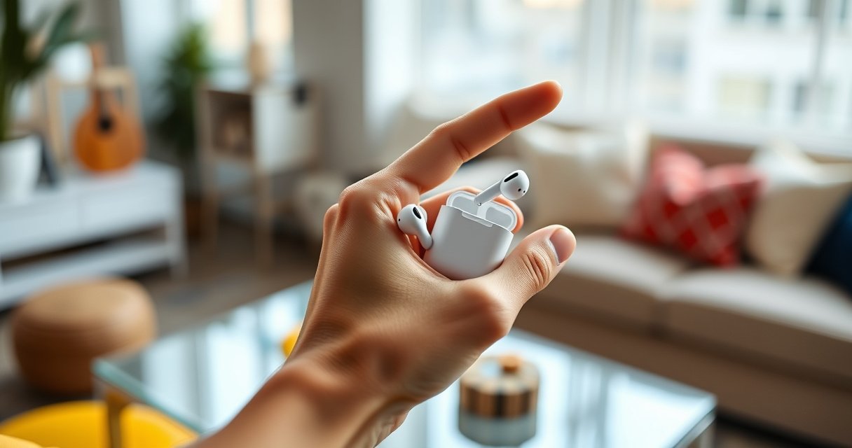 A close-up of a hand gracefully switching between two sleek AirPods Pro in a stylish, modern setting, surrounded by a soft, blurred background of cozy home decor. The scene features vibrant colors, with the gleaming earbuds catching the light, and an inviting atmosphere that conveys ease and accessibility in technology use.