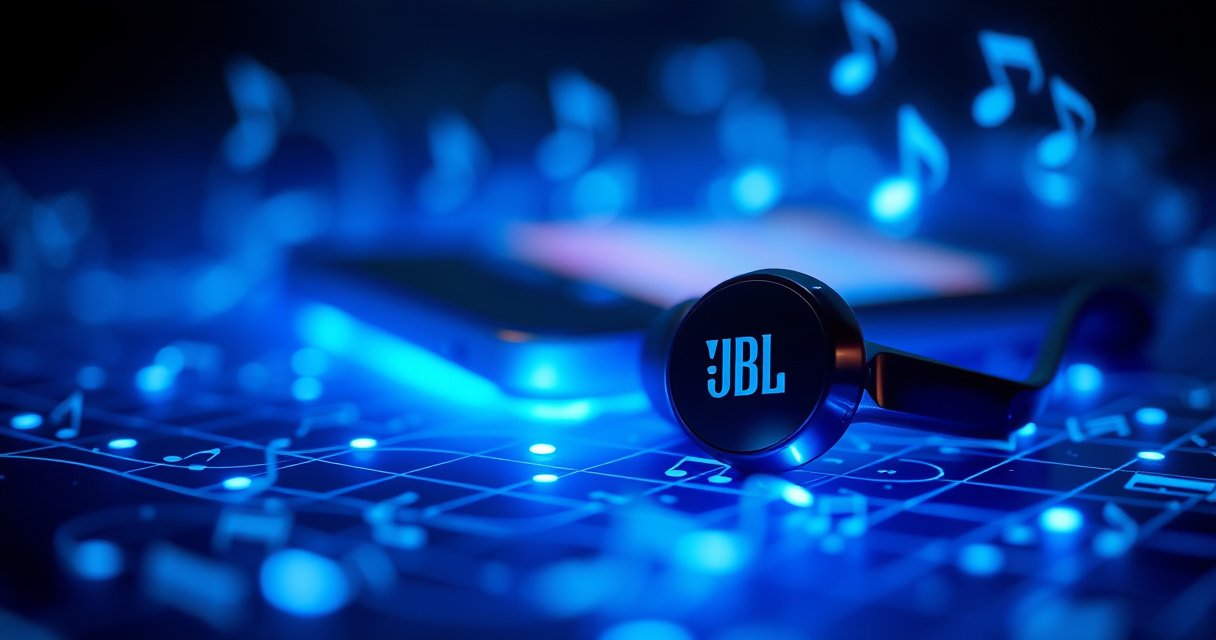 A close-up of sleek, modern JBL earbuds nestled on a vibrant, tech-inspired background, illuminated with soft, glowing blue lights. Surround the earbuds with abstract sound waves and dynamic musical notes, creating an energetic atmosphere. Include a subtle hint of a smartphone in the background, symbolizing connectivity and modern technology.