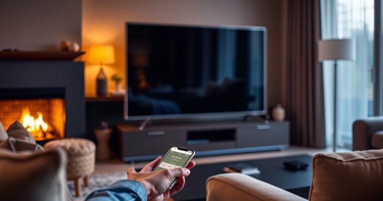 A sleek Samsung Smart TV in a modern living room, glowing softly in the evening light. A user gently touches the power button on the TV's side, while a smartphone lies nearby, displaying the SmartThings app. Cozy furniture surrounds the scene, with a glowing fireplace adding warmth, showcasing a seamless blend of technology and comfort.