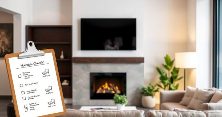 A sleek living room with a modern flat-screen TV mounted above a stylish fireplace. A checklist on a clipboard sits nearby, featuring illustrations of wall types, stud finders, and mounting brackets. Soft ambient lighting enhances the cozy atmosphere, while a comfortable sofa and decorative plants complete the inviting scene.