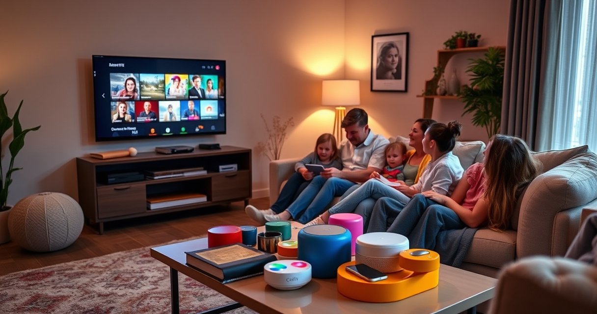A cozy living room with a sleek, modern TV displaying vibrant streaming apps, surrounded by a warm ambiance. A family gathers on a plush sofa, excitedly exploring their new smart features. Colorful smart home devices are artfully arranged on a stylish coffee table, while soft lighting creates an inviting atmosphere, showcasing the transformation from ordinary to extraordinary.