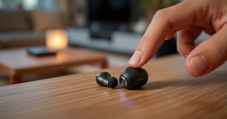A close-up of sleek Raycon earbuds resting on a stylish wooden surface, surrounded by a soft, ambient glow. One earbud is slightly open, revealing a subtle blue light, while a hand gently reaches for it, symbolizing the ease of turning them off. An inviting, modern home setting enhances the tech-savvy vibe.