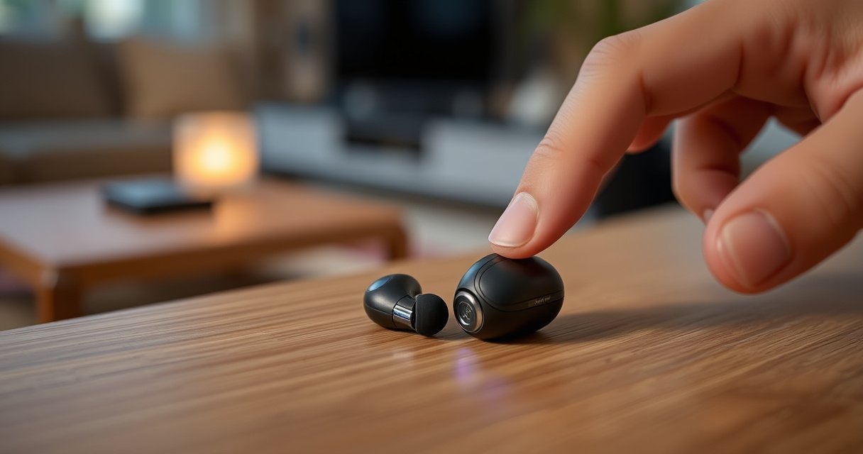A close-up of sleek Raycon earbuds resting on a stylish wooden surface, surrounded by a soft, ambient glow. One earbud is slightly open, revealing a subtle blue light, while a hand gently reaches for it, symbolizing the ease of turning them off. An inviting, modern home setting enhances the tech-savvy vibe.