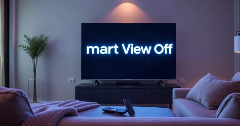 A sleek Samsung TV in a modern living room, displaying a glowing "Smart View Off" message in bold letters. Soft ambient lighting highlights the elegant furniture, while a remote control lies casually on a stylish coffee table. A cozy blanket is draped over the couch, inviting viewers to relax and engage with technology.
