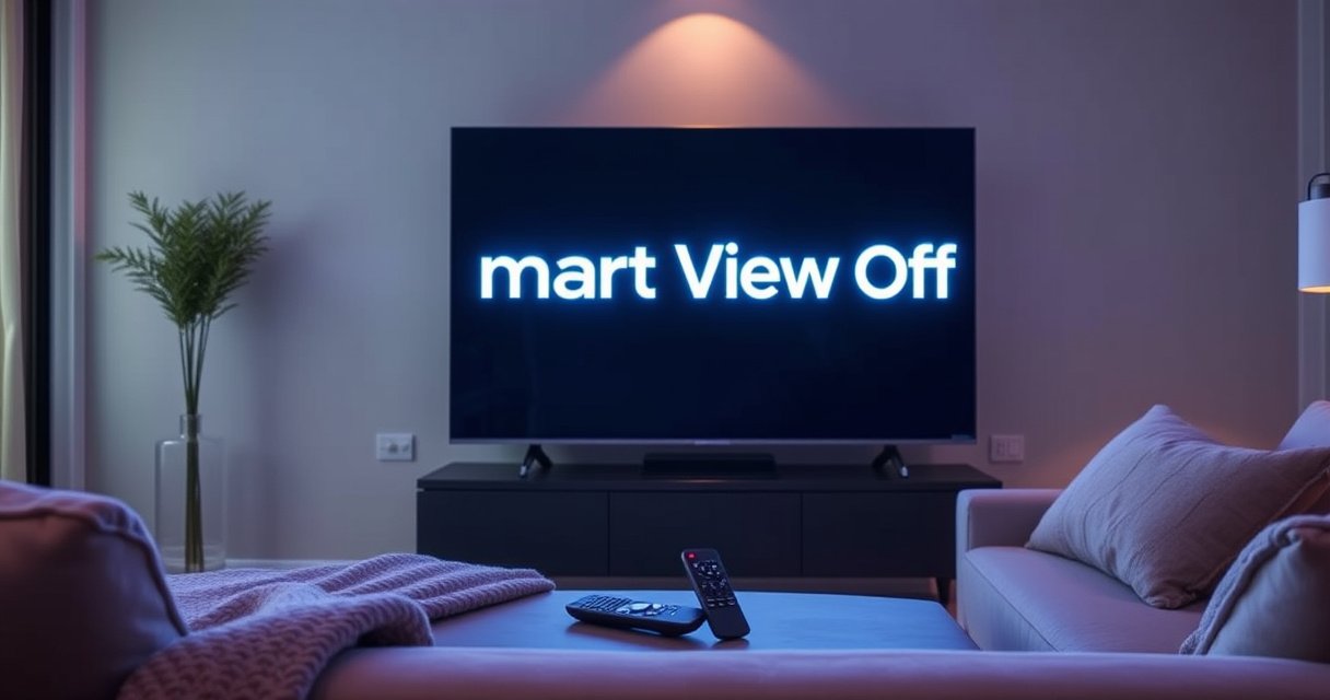 A sleek Samsung TV in a modern living room, displaying a glowing "Smart View Off" message in bold letters. Soft ambient lighting highlights the elegant furniture, while a remote control lies casually on a stylish coffee table. A cozy blanket is draped over the couch, inviting viewers to relax and engage with technology.