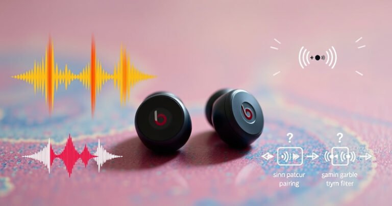 A close-up of sleek Beats Flex earbuds resting on a vibrant, textured surface, with soft light highlighting their glossy finish. Surrounding them are colorful sound waves visualizations and simple, illustrated step-by-step icons demonstrating the pairing process, creating a dynamic and engaging atmosphere that conveys ease and modern technology.