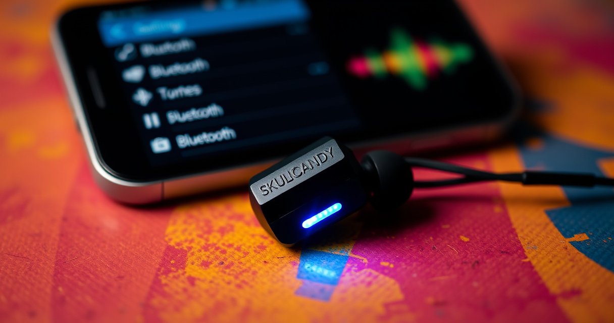 A close-up of sleek, modern Skullcandy earbuds resting on a vibrant, textured surface. Soft blue light emits from the earbuds, indicating they are powered on. In the background, a smartphone screen displays the Bluetooth settings interface, with colorful sound waves subtly emanating from the device, evoking a sense of connectivity and music.