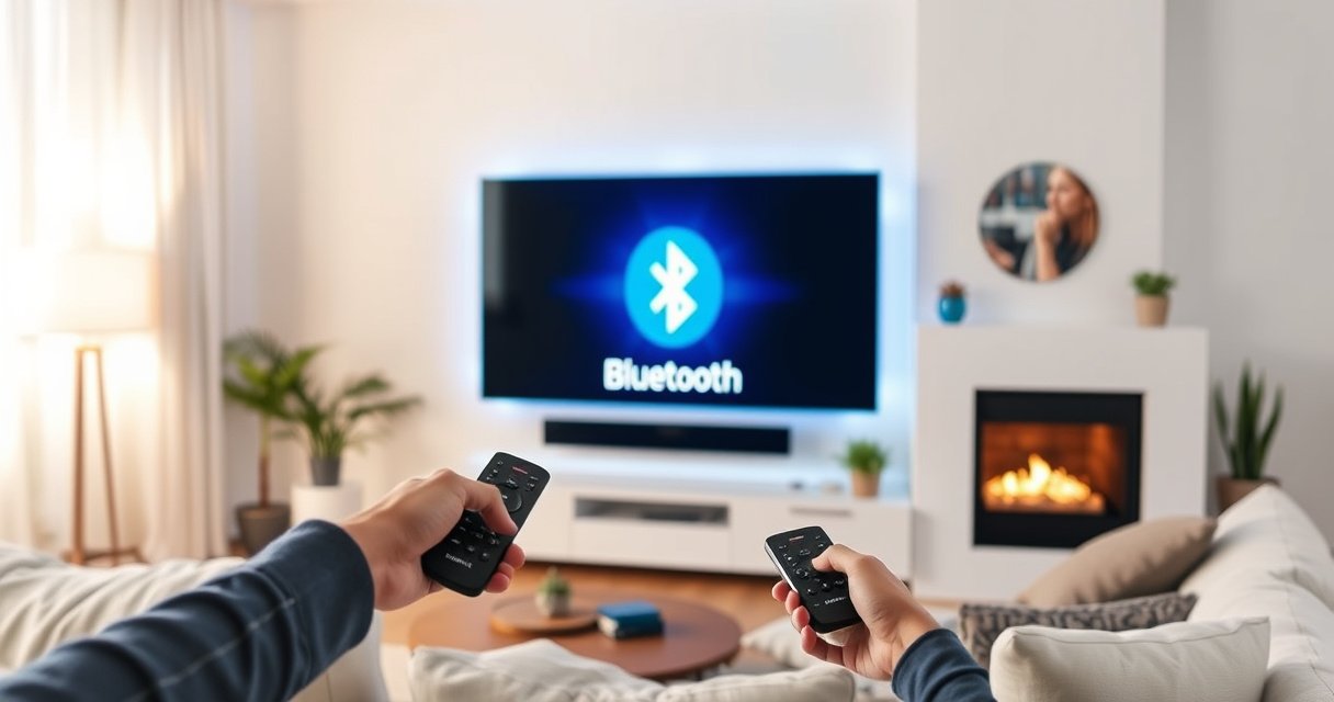 A sleek Samsung Smart TV glowing in a cozy living room, showcasing a vibrant Bluetooth icon on the screen. Soft ambient lighting illuminates modern furniture, with a remote in hand, a person eagerly pointing at the TV. Surrounding decorations include plants and a warm fireplace, creating an inviting atmosphere perfect for tech-savvy entertainment.