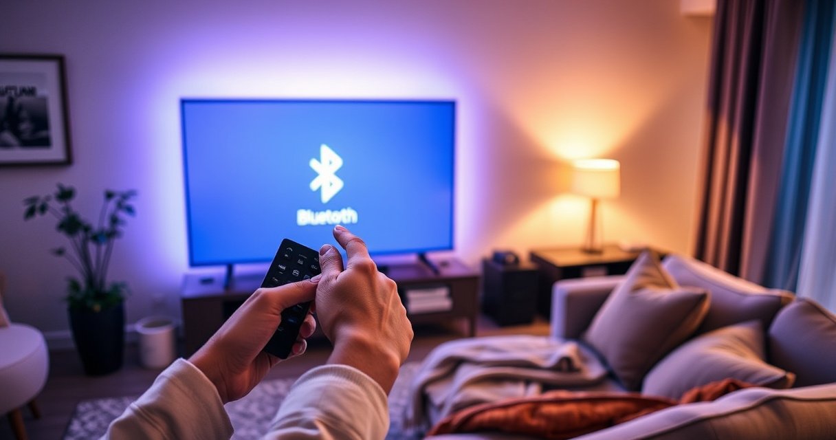 A sleek Samsung Smart TV glowing in a cozy living room, surrounded by modern decor. A hand reaches towards the TV remote, displaying a vibrant Bluetooth icon on the screen. Soft ambient lighting highlights the tech-savvy atmosphere, inviting viewers to connect their devices effortlessly. A stylish couch and a warm throw blanket complete the inviting scene.