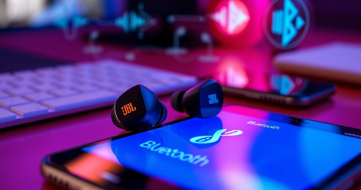 A close-up of sleek JBL wireless earbuds resting on a vibrant, modern workspace, surrounded by a smartphone displaying a Bluetooth connection screen. Soft ambient light highlights the earbuds' glossy design, while digital icons of sound waves and connectivity swirl in the background, conveying a sense of technology and ease.