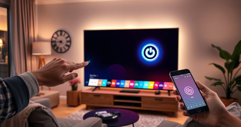 A sleek LG Smart TV glowing in a modern living room, surrounded by cozy furniture and soft ambient lighting. A hand is reaching towards the TV’s power button, symbolizing the act of turning it on, with a subtle visual hint of a smartphone nearby, emphasizing alternative control methods.