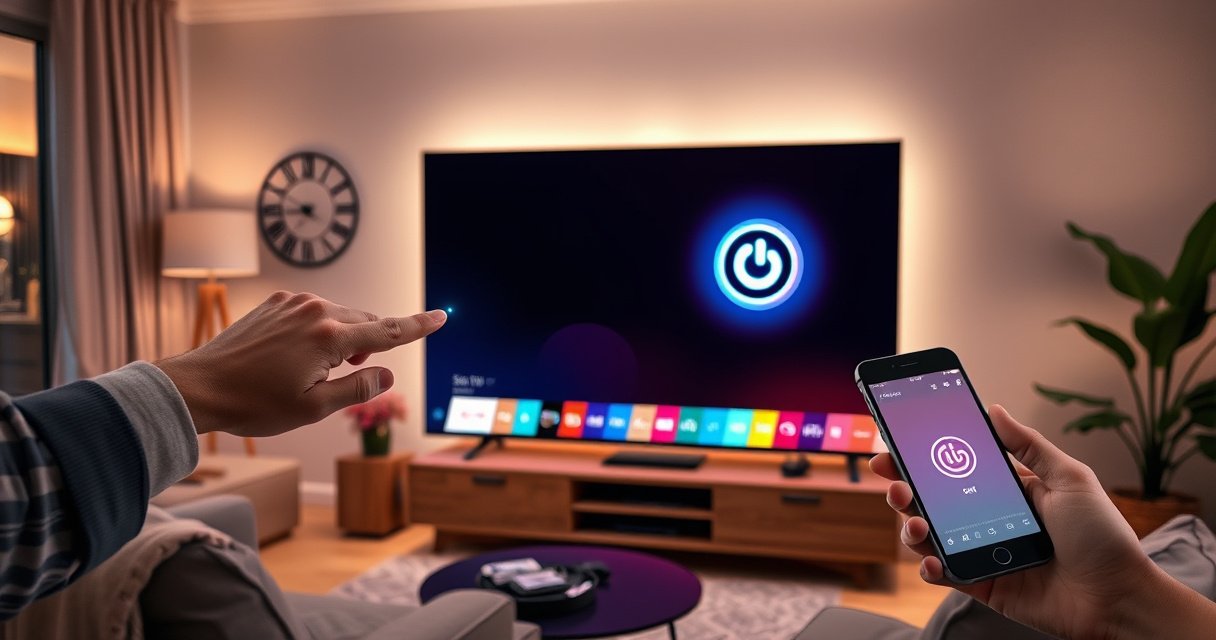 A sleek LG Smart TV glowing in a modern living room, surrounded by cozy furniture and soft ambient lighting. A hand is reaching towards the TV’s power button, symbolizing the act of turning it on, with a subtle visual hint of a smartphone nearby, emphasizing alternative control methods.